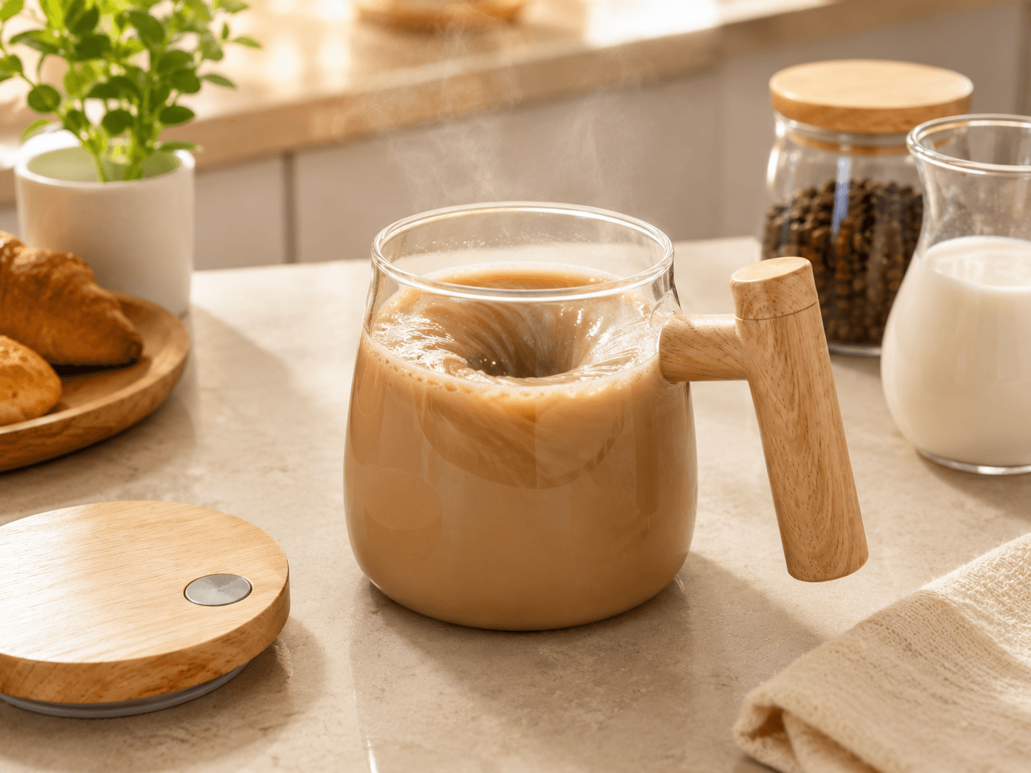 Taza mezcladora de vidrio creando un vortex en una bebida de mañana